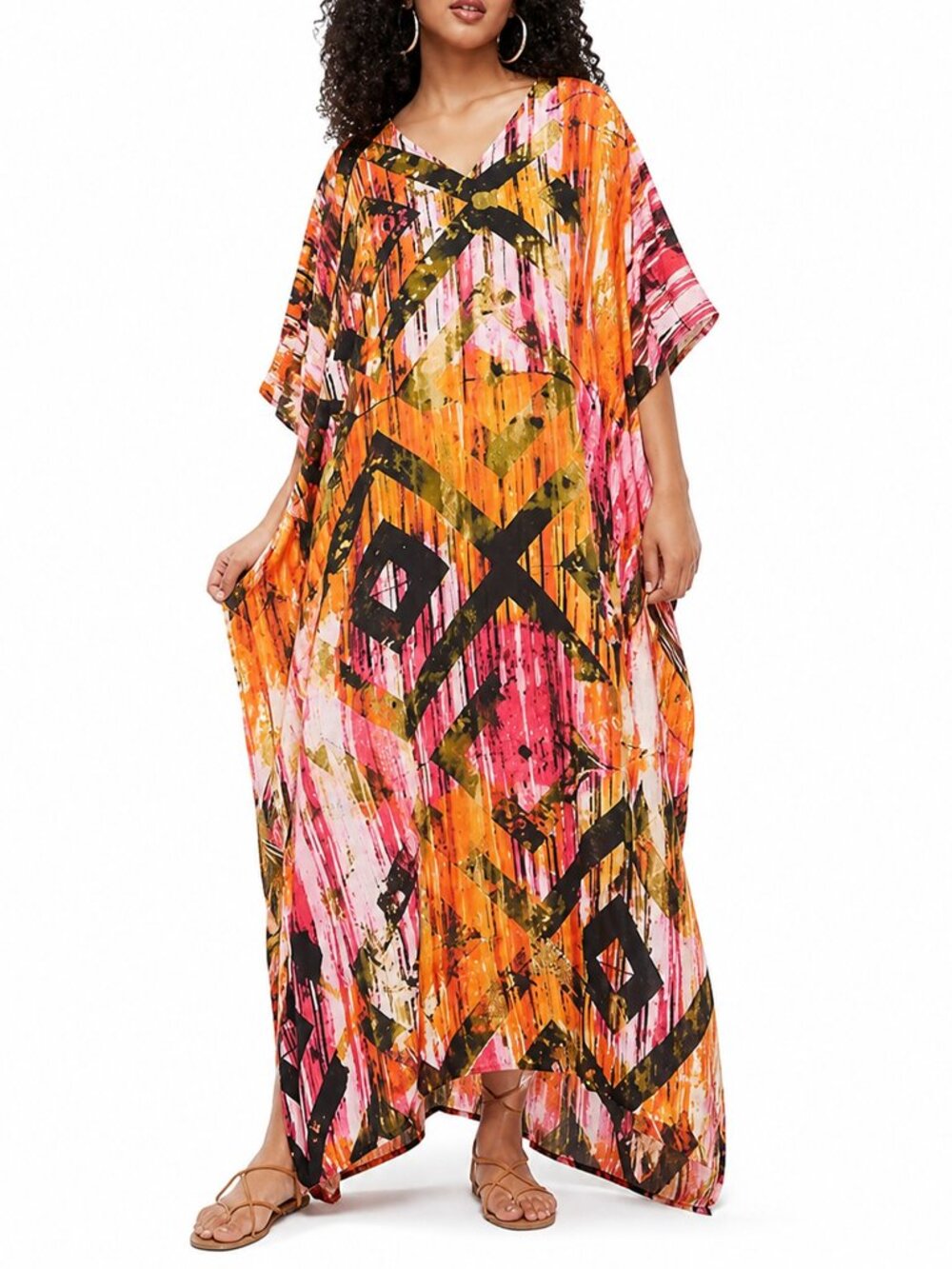 Women Multicolor Geometric Maxi Dress Caftan Cover Up Evening Gown for Party